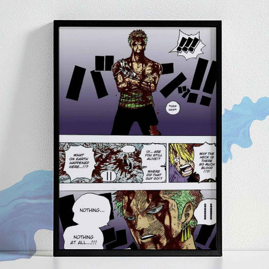 One Piece Roronoa Zoro Iconic Nothing Happened moment Poster Art Framed (13x19 Inches, Plexi-Glass, Textured Frame)