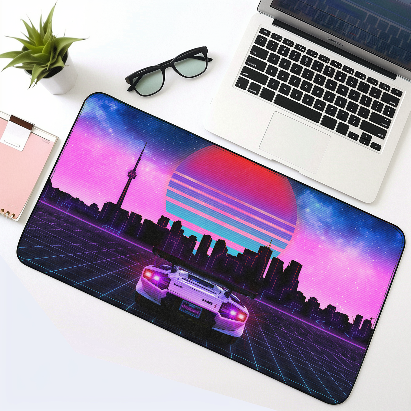 Neon City Retrowave Sportscar Countach Car Digital Art Mouse Pad - 23.6 x 11 Inches Desk Pad - Gaming and Workstation Mat - Non-Slip Rubber Base - Smooth Surface for Precise Control