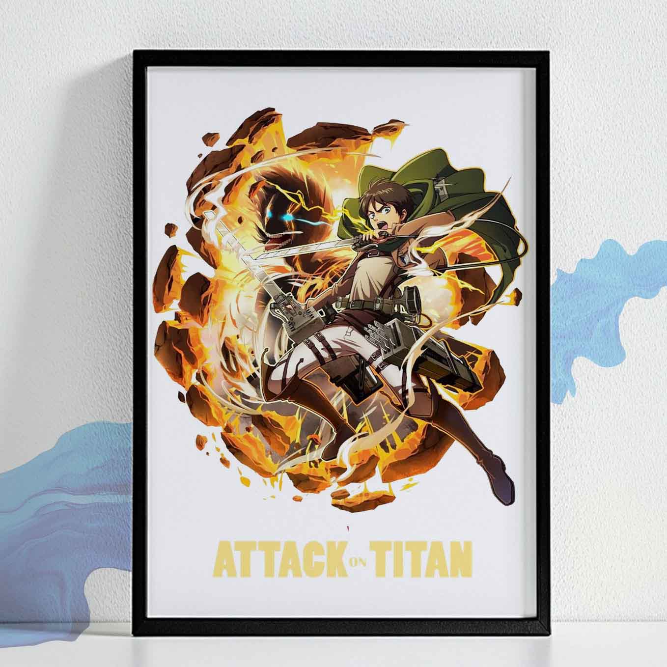 Attack on Titan Eren Yeager survey corps anime poster framed (13x19-Inch, Plexi-Glass, Textured Frame)