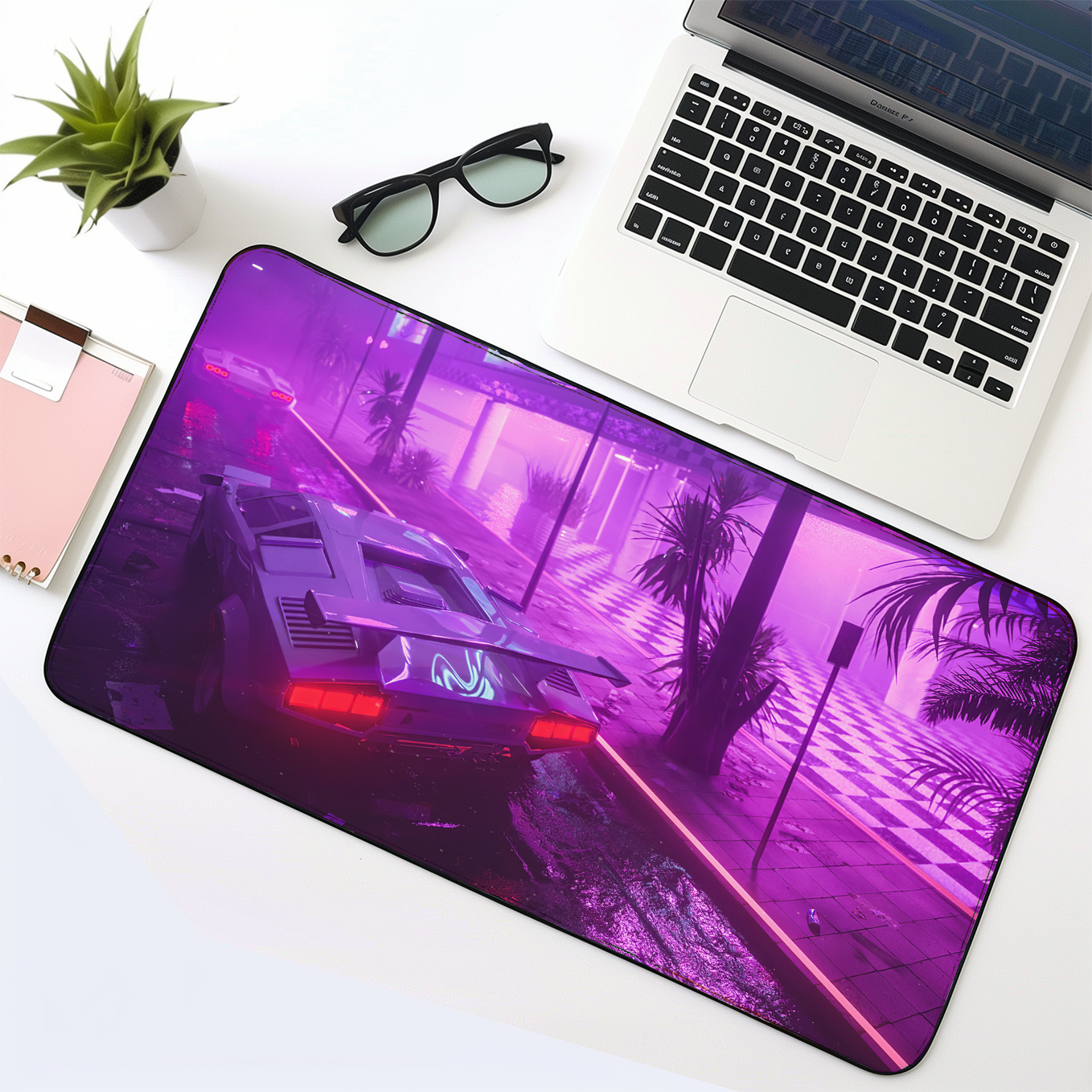 Neon Lights in the city Supersports car Art Mouse Pad - 23.6 x 11 Inches Desk Pad - Gaming and Workstation Mat for Car enthusiasts - Non-Slip Rubber Base - Smooth Surface for Precise Control