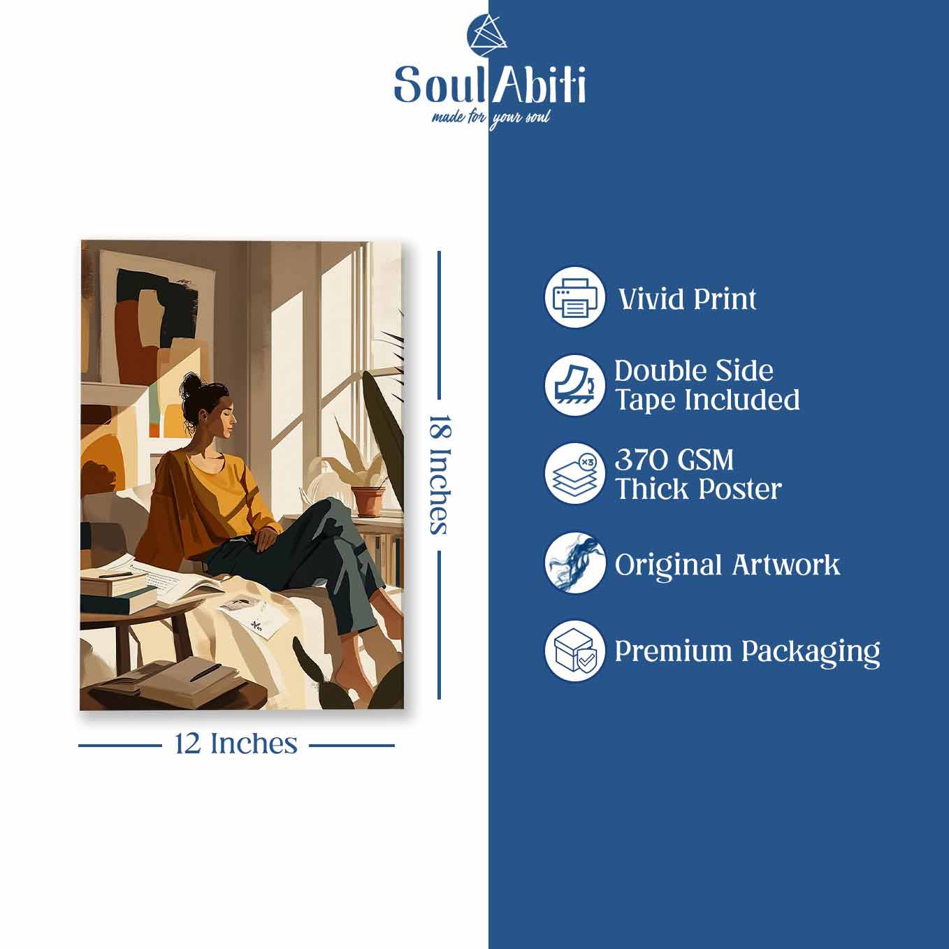 Cozy Reading Girl in Sunlit Room Poster - Wall art 370 GSM with Double Side Tape Ready to Stick Wall Decor