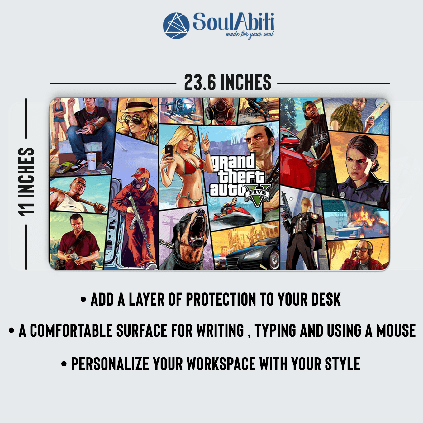 Grand Theft Auto V Art Mouse Pad - 23.6 x 11 Inches Desk Pad - Gaming and Workstation Mat for Action Games Fans - Non-Slip Rubber Base - Smooth Surface for Precise Control