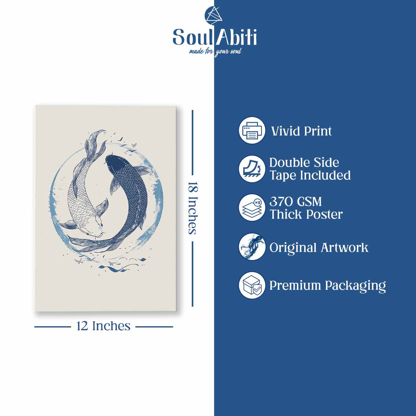 Yin Yang Koi Fish Minimalist Poster - Wall art 370 GSM with Double Side Tape Ready to Stick Wall Decor