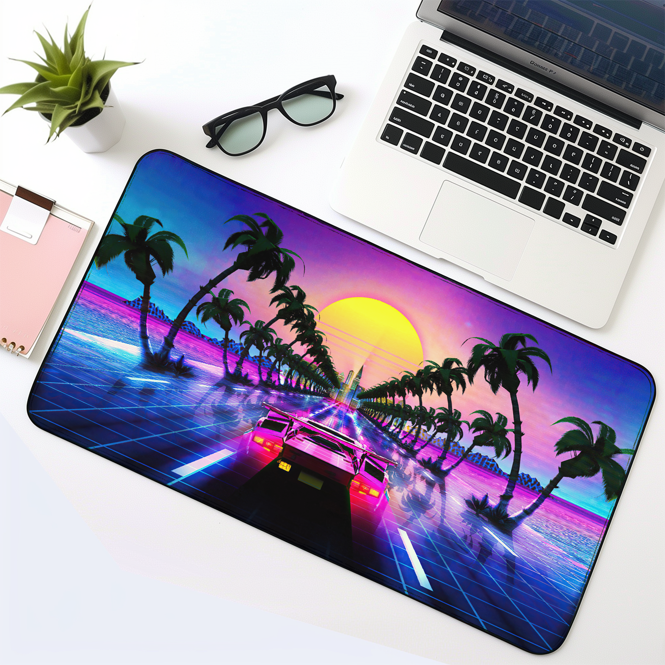Retro City Synth-Wave Supercar Art Mouse Pad - 23.6 x 11 Inches Desk Pad - Gaming and Workstation Mat for Car Enthusiasts - Non-Slip Rubber Base - Smooth Surface for Precise Control