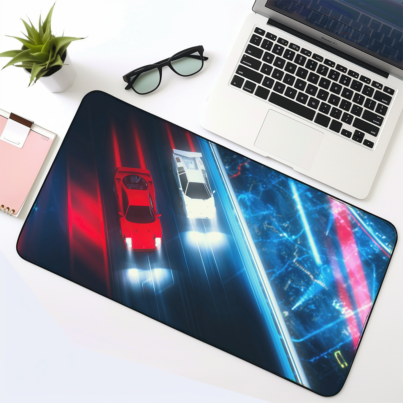 Neon Car Night Lights in The City Art Mouse Pad - 23.6 x 11 Inches Desk Pad - Gaming and Workstation Mat for Car Enthusiasts - Non-Slip Rubber Base - Smooth Surface for Precise Control