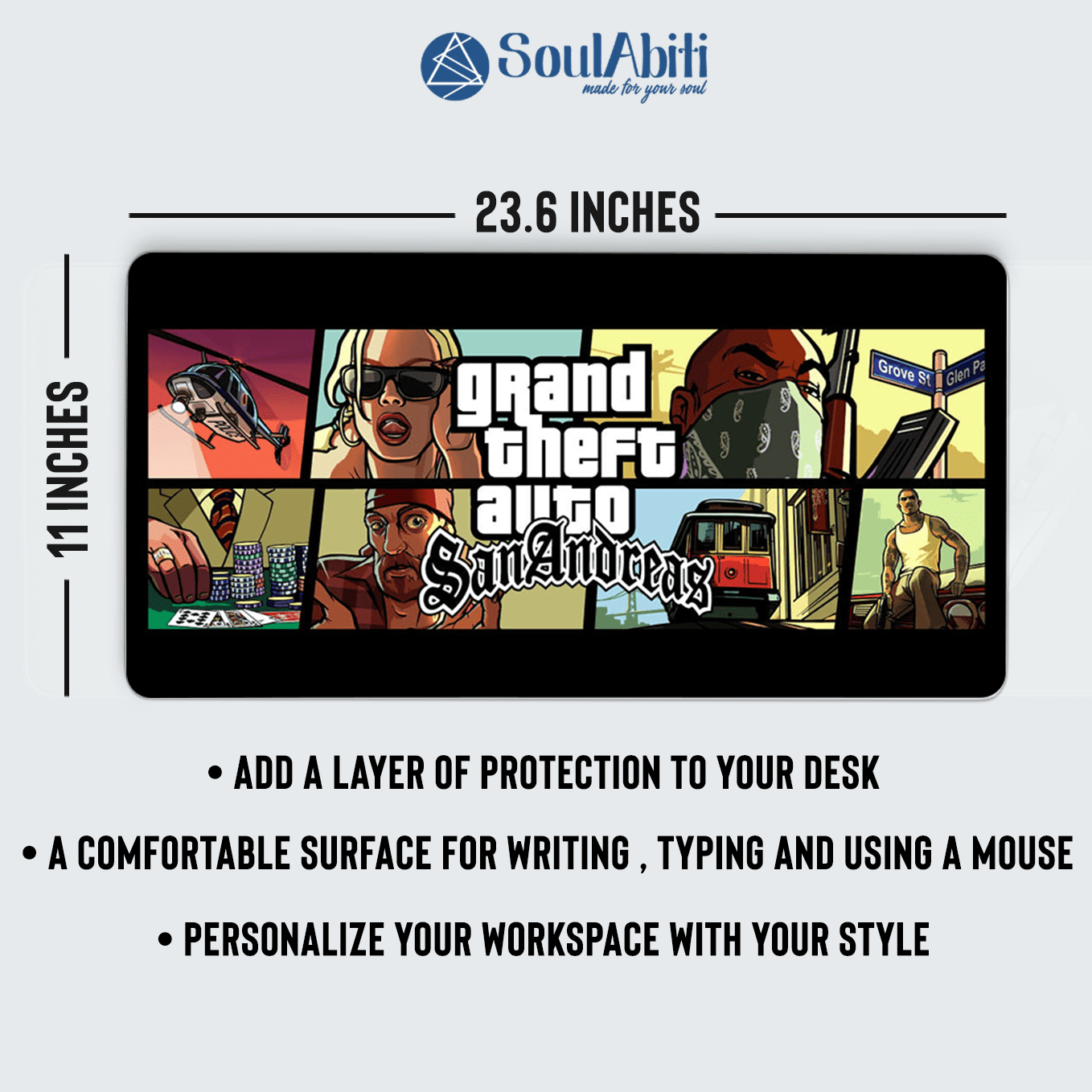 Grand Theft Auto San Andreas Art Mouse Pad - 23.6 x 11 Inches Desk Pad - Gaming and Workstation Mat for Action Games Fans - Non-Slip Rubber Base - Smooth Surface for Precise Control