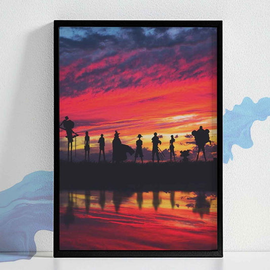 One Piece All straw hat team in the sunset Poster Art Framed (13x19 Inches, Plexi Glass)