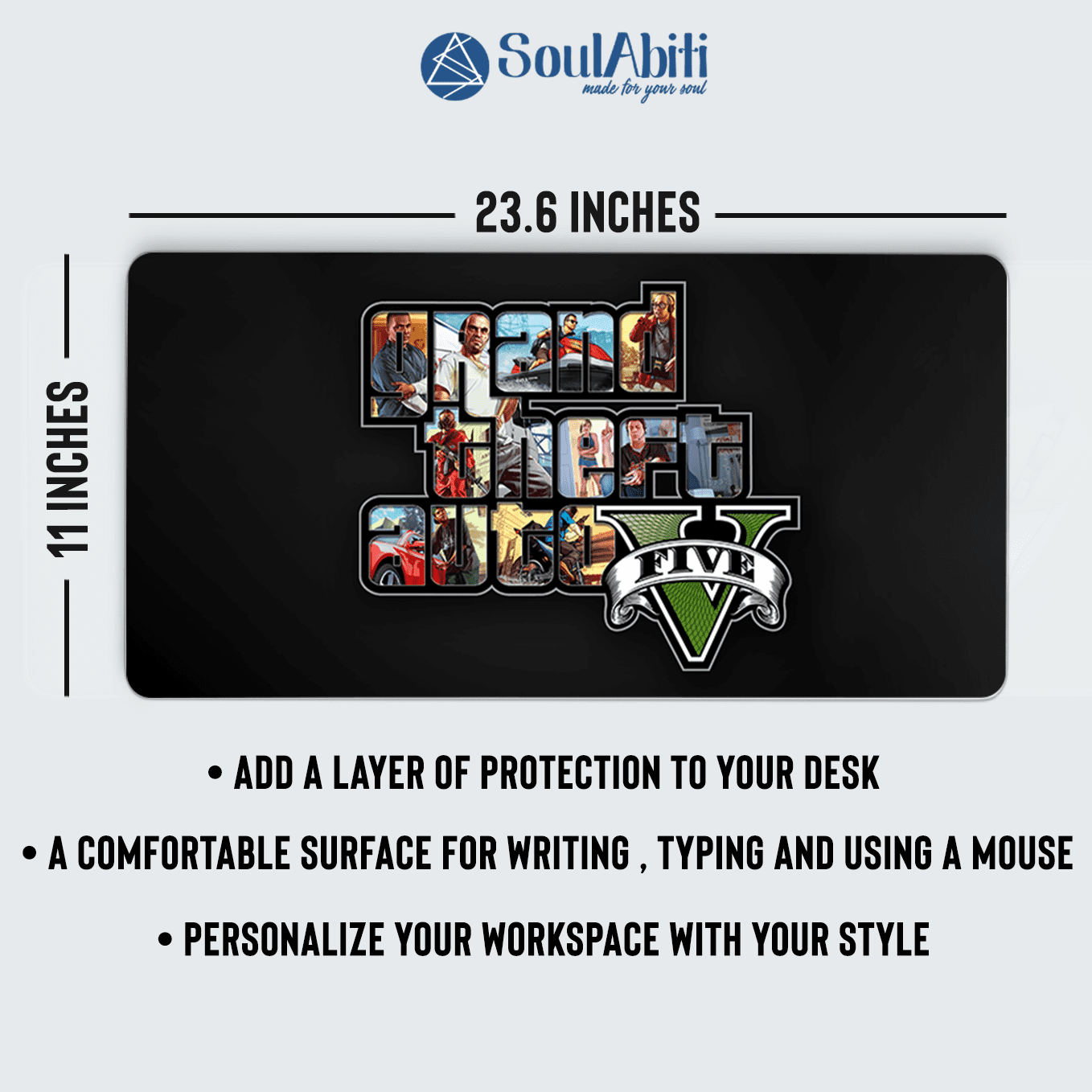 Grand Theft Auto V Logo Art Mouse Pad - 23.6 x 11 Inches Desk Pad - Gaming and Workstation Mat for Action Games Fans - Non-Slip Rubber Base - Smooth Surface for Precise Control