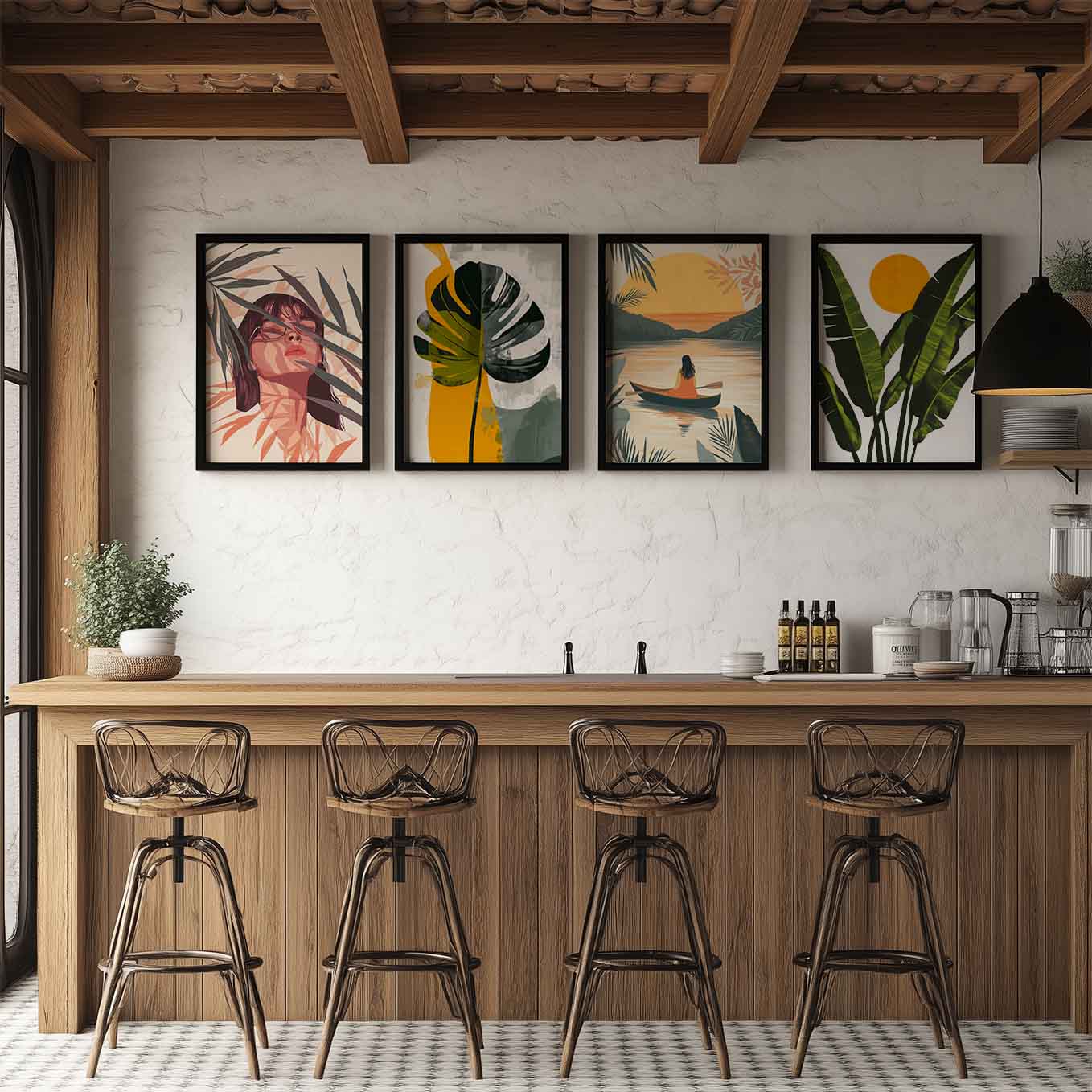 Modern Framed Set of 4 - Portrait Bohemian wall art (12x18 inches, black frame, Plexi-glass) - Ready to hang Home Decor for Living Room, Bedroom or Office