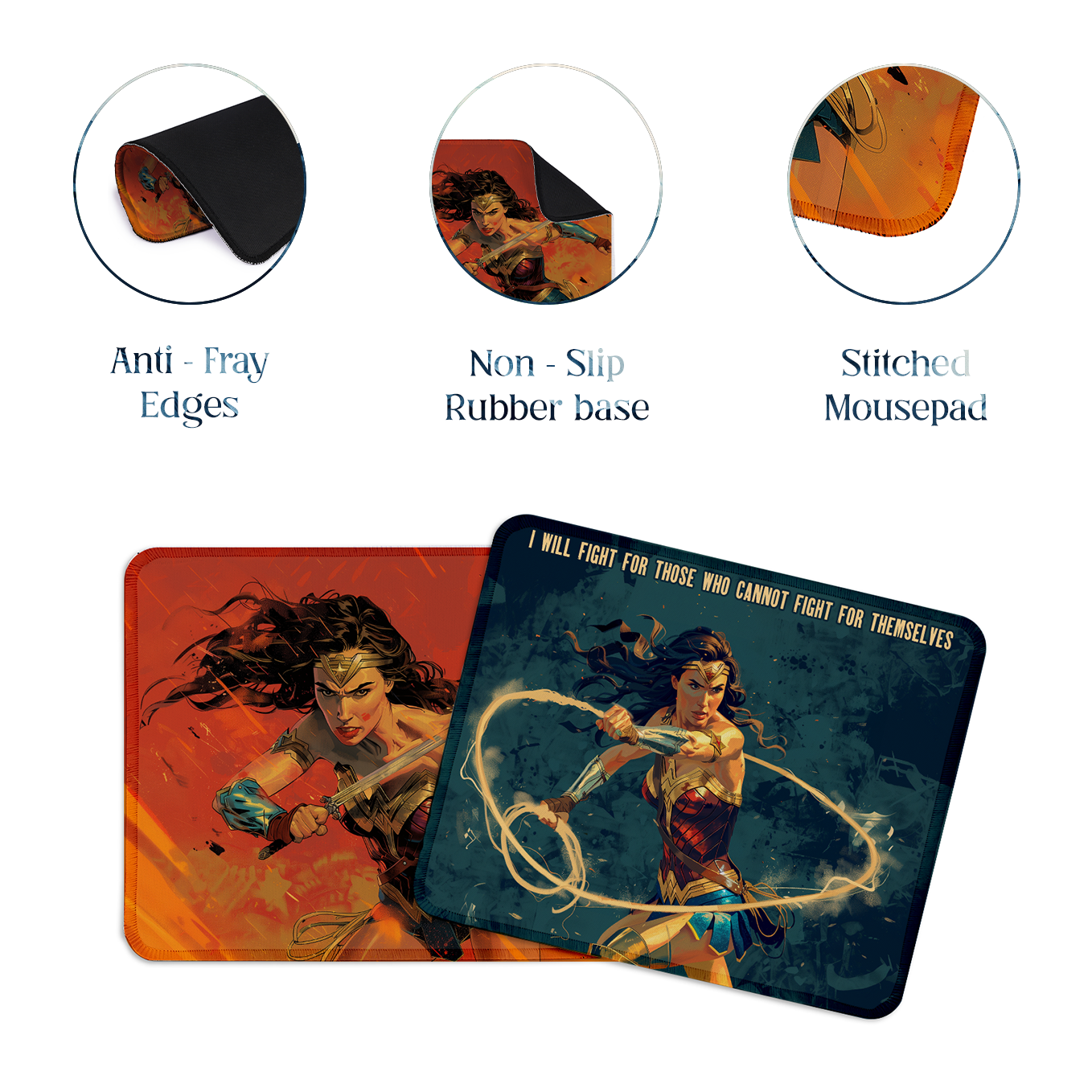 Wonder Women Set of 2 Stitched Gaming Mouse Pads with Anti-Slip Rubber Base and Waterproof Surface