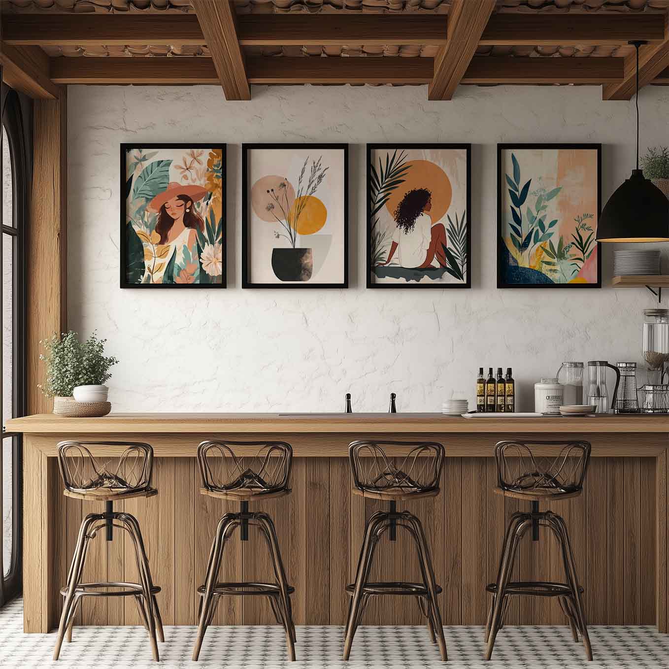 Modern Framed Set of 4 - Portrait Bohemian wall art (12x18 inches, black frame, Plexi-glass) - Ready to hang Home Decor for Living Room, Bedroom or Office