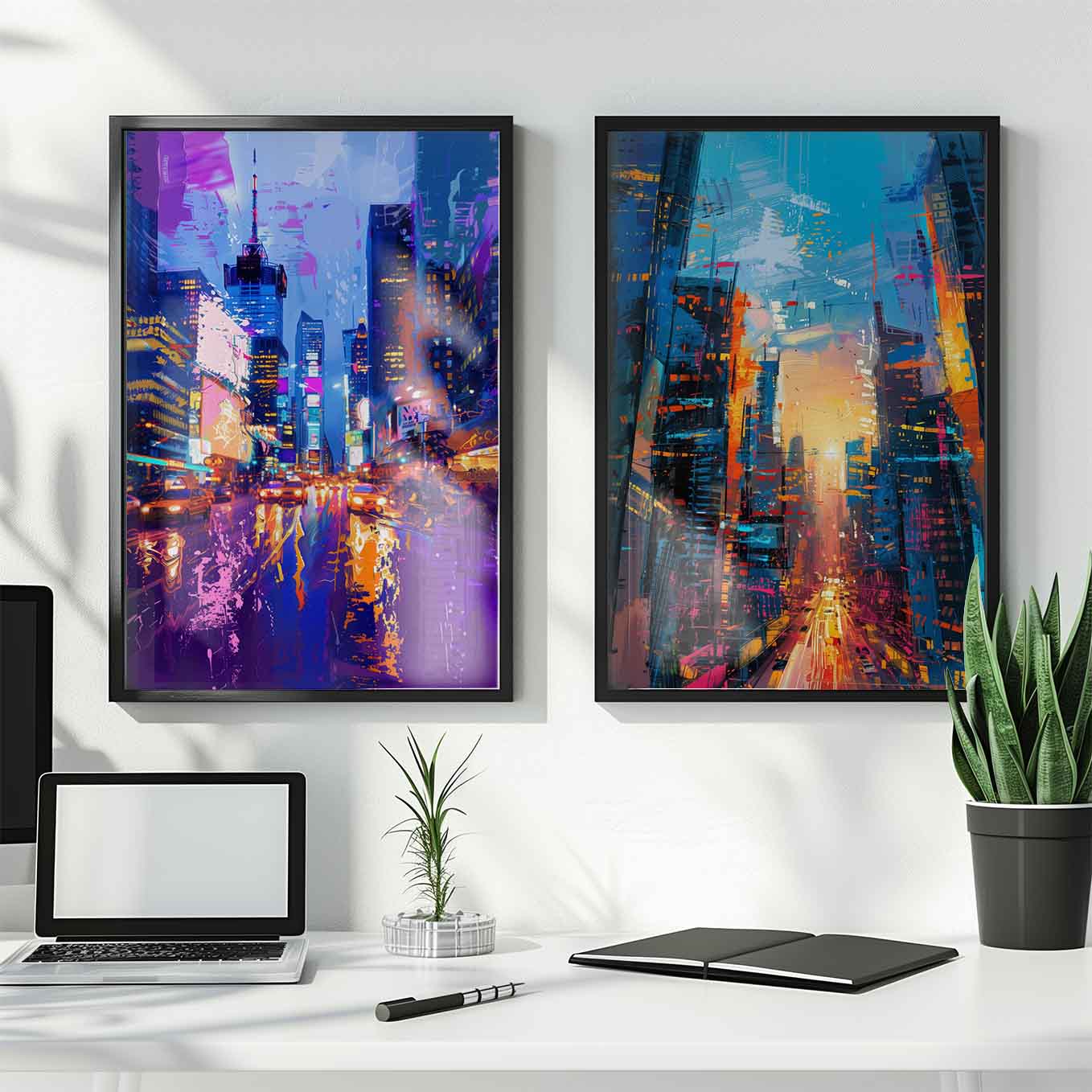 Vibrant City Lights Wall Art - Set of 2 Urban Skyline Prints | Abstract Neon Nightlife Street Decor