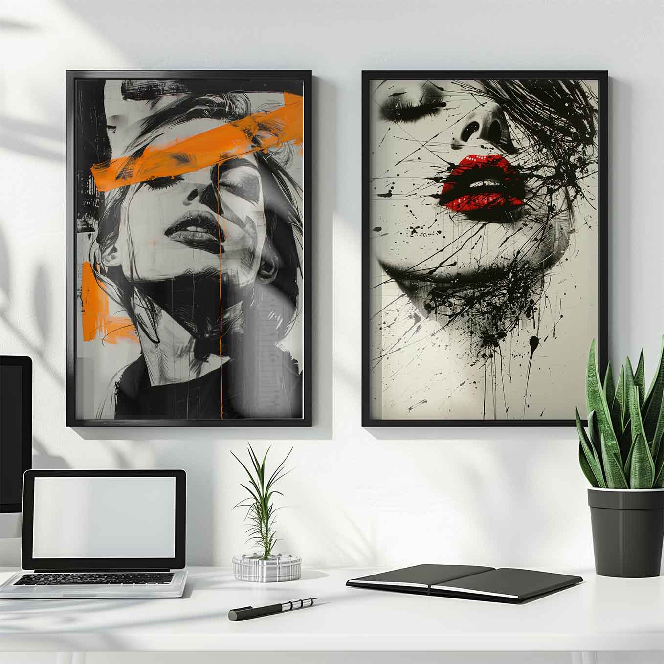 Edgy Portrait Expressionist Art - Set of 2 Black & White Prints | Bold Abstract Faces with Modern Brushstrokes