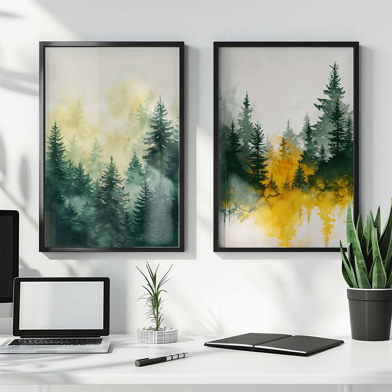 Misty Forest Watercolor Wall Art - Set of 2 Framed Prints | Tranquil Green & Golden Pine Trees | Nature-Inspired Home & Office Decor