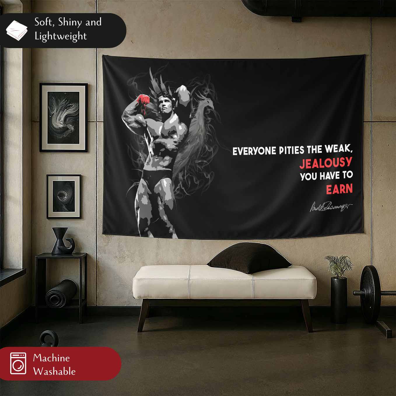 Motivational Tapestry Wall Hanging Arnold Schwarzenegger Jealousy you have to earn Inspirational Quote - Gym, Office, Dorm, Bedroom Decor, 73x43 Inches, Premium Polyester Fabric