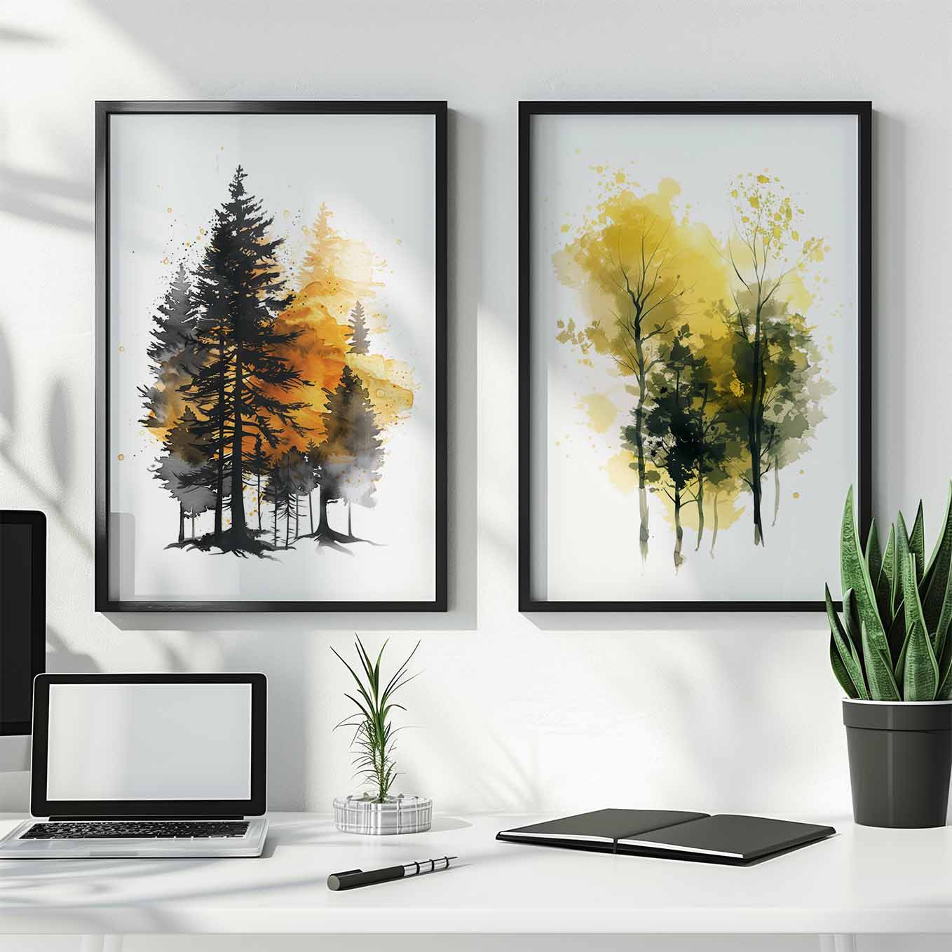 Golden Autumn Tree Art Prints - Set of 2 Framed Watercolor Paintings | Modern Minimalist Nature Wall Decor for Living Room & Bedroom