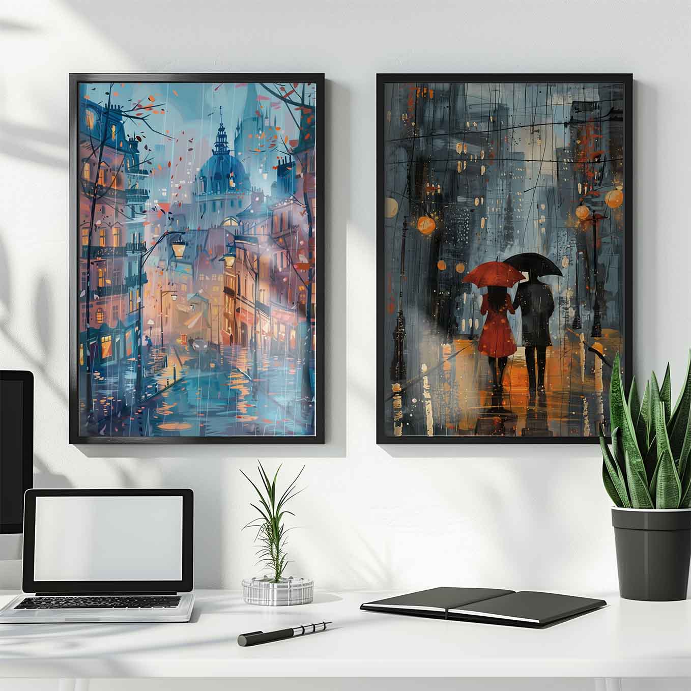 Romantic Rainy Street Art - Set of 2 Framed Cityscape Prints | Couple Under Umbrella & Paris Street Scene