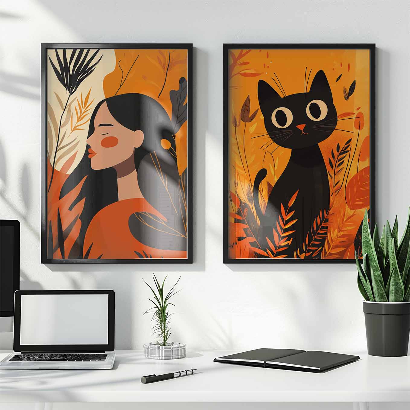Autumn Whimsy Illustration - Woman & Black Cat Art Prints | Cozy Fall Decor for Living Room, Bedroom & Office