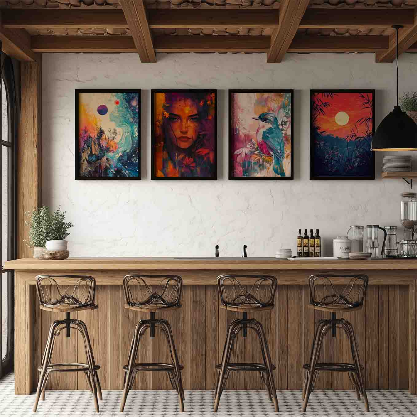 Modern Framed Set of 4 - Portrait Cosmic Fusion wall art (12x18 inches, black frame, Plexi-glass) - Ready to hang Home Decor for Living Room, Bedroom or Office