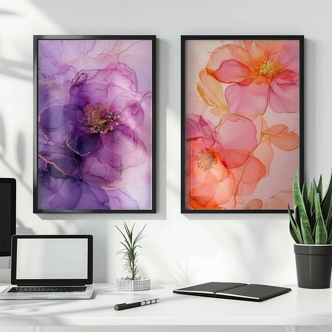 Elegant Floral Ink Art Prints - Set of 2 Framed Wall Decor | Purple & Pink Watercolor Blossoms | Contemporary Aesthetic
