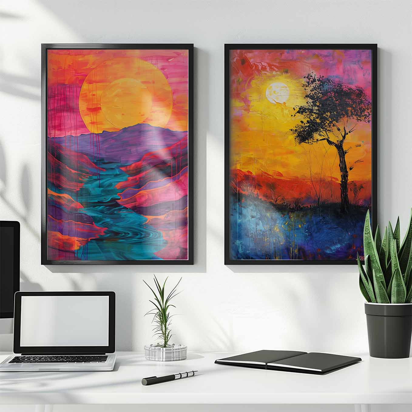 Sunset Bliss Abstract Landscape Prints - Set of 2 Framed Art | Bold & Colorful Nature-Inspired Decor