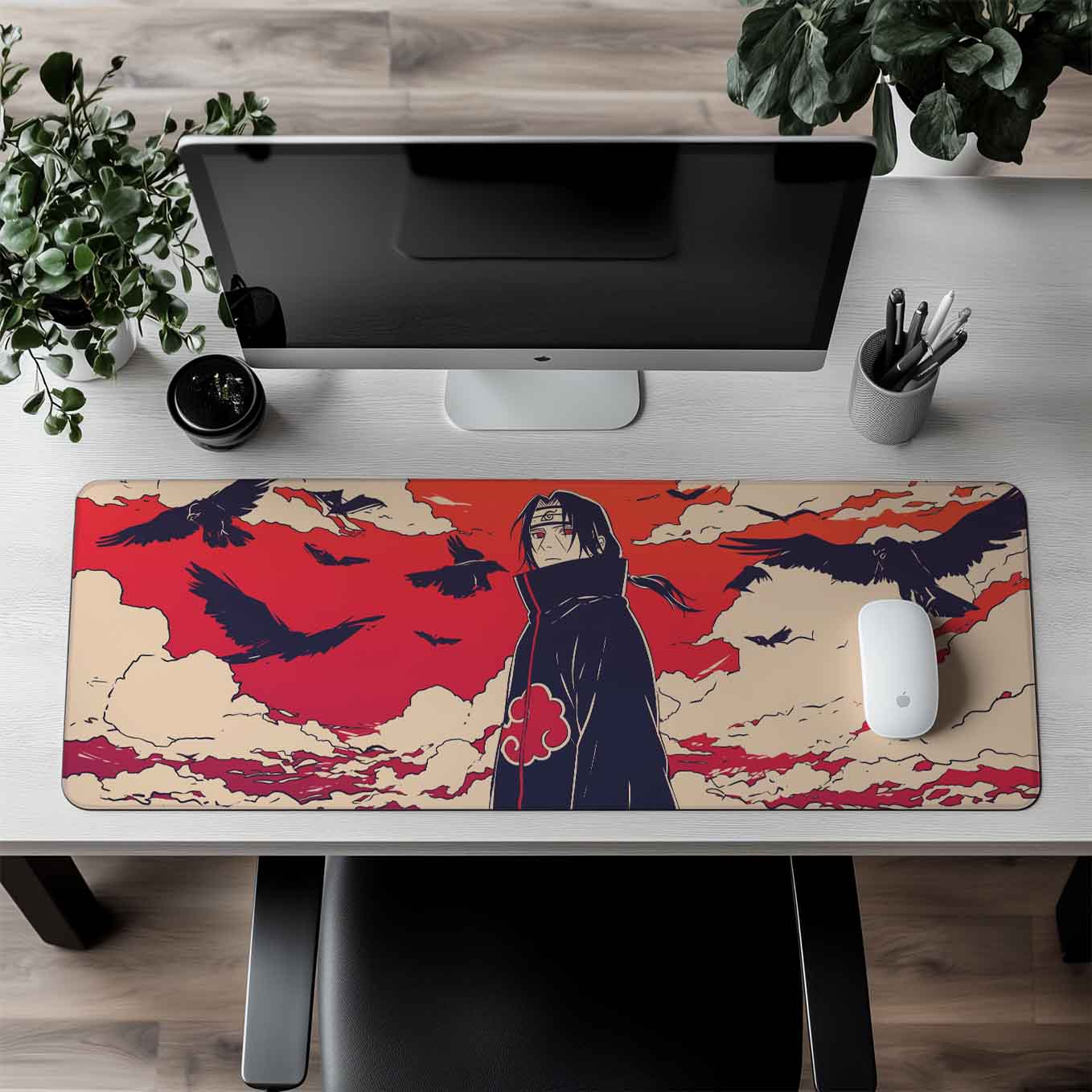 Naruto Itachi Uchiha Crow Genjutsu Anime XXXL Deskpad – 36x14 Inches Extra Large Mouse Pad with Non-Slip Rubber base, Stitched Edges, Waterproof Surface – Ideal for Gaming and Office Desk