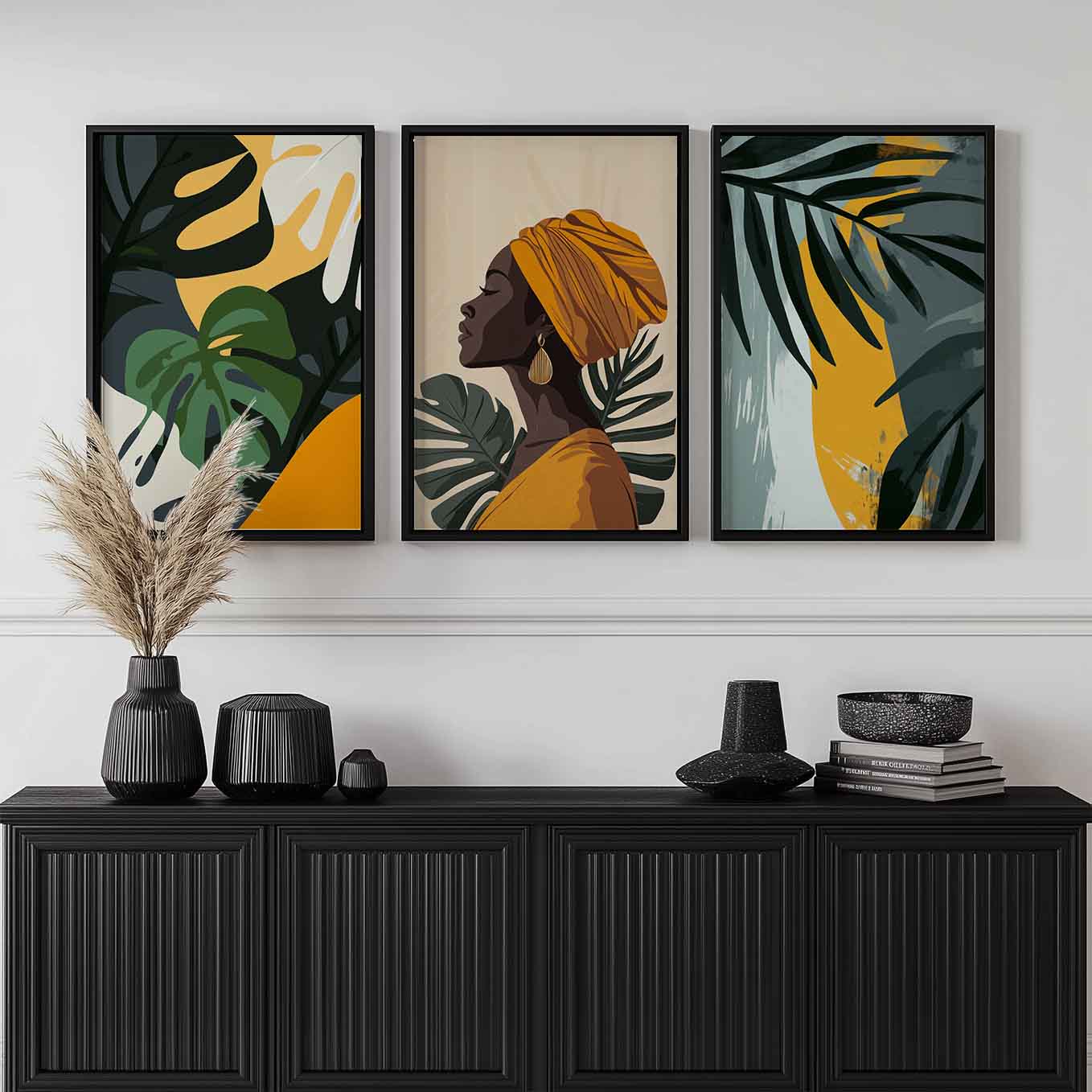 Golden Tropical Goddess Wall Art - Set of 3 Framed Prints | Elegant Afrocentric Woman & Botanical Leaves Illustration for Home Decor