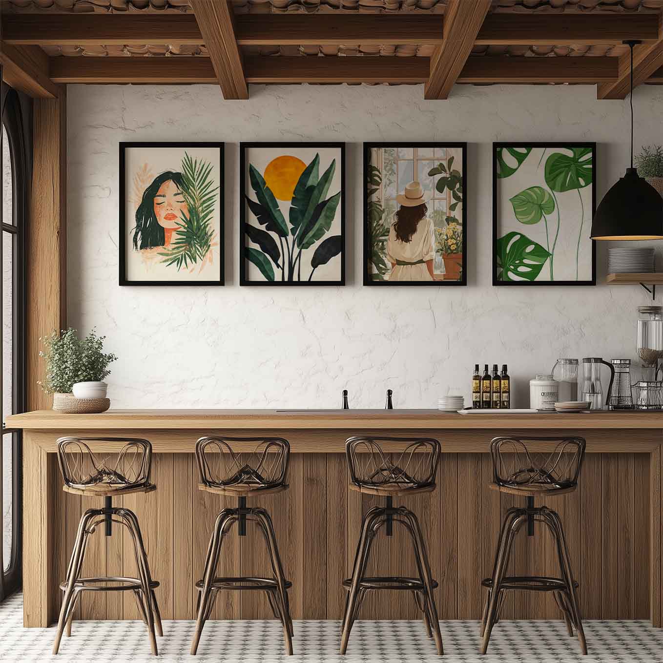 Modern Framed Set of 4 - Portrait Tropical Boho wall art (12x18 inches, black frame, Plexi-glass) - Ready to hang Home Decor for Living Room, Bedroom or Office