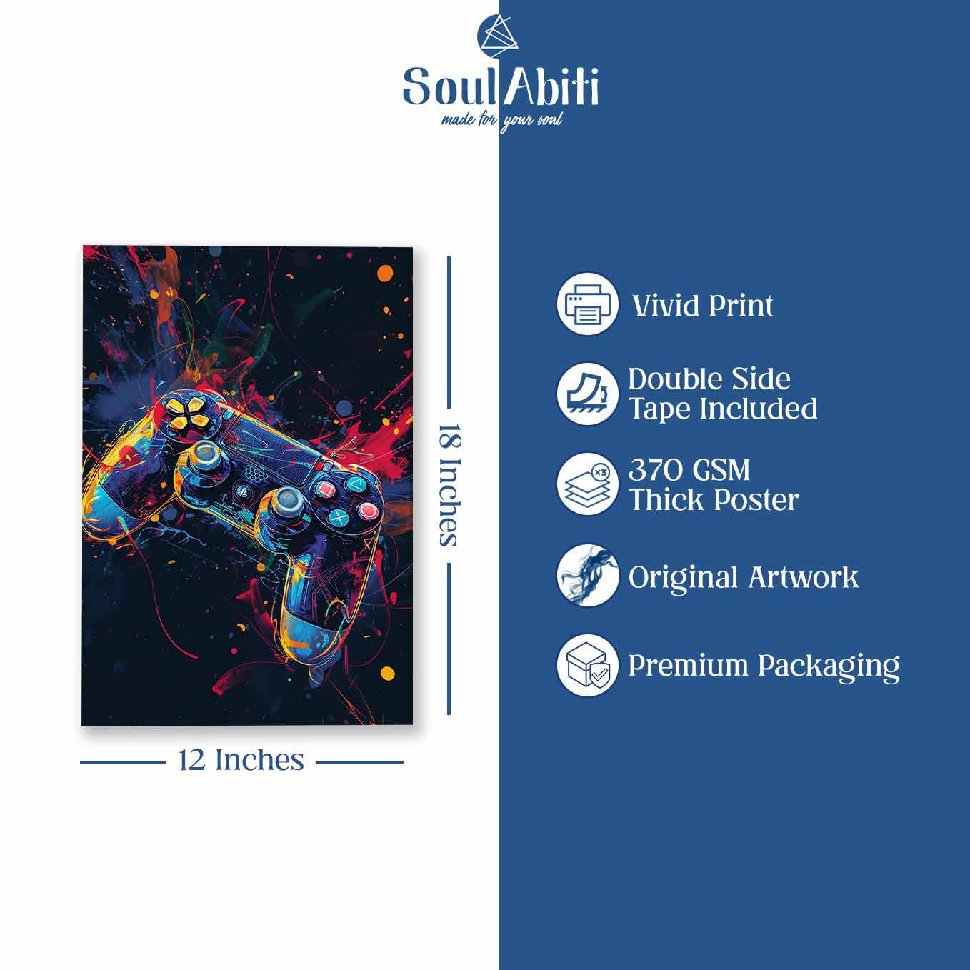 Gaming Controller Neon Splatter Poster -  Adventure Wall art 370 GSM with Double Side Tape Ready to Stick Wall Decor