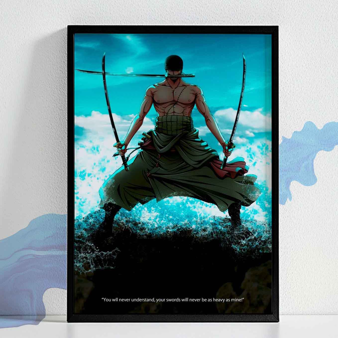 One Piece Roronoa Zoro 3 sword style Poster Art Framed (13x19-Inch, Plexi-Glass, Textured Frame)