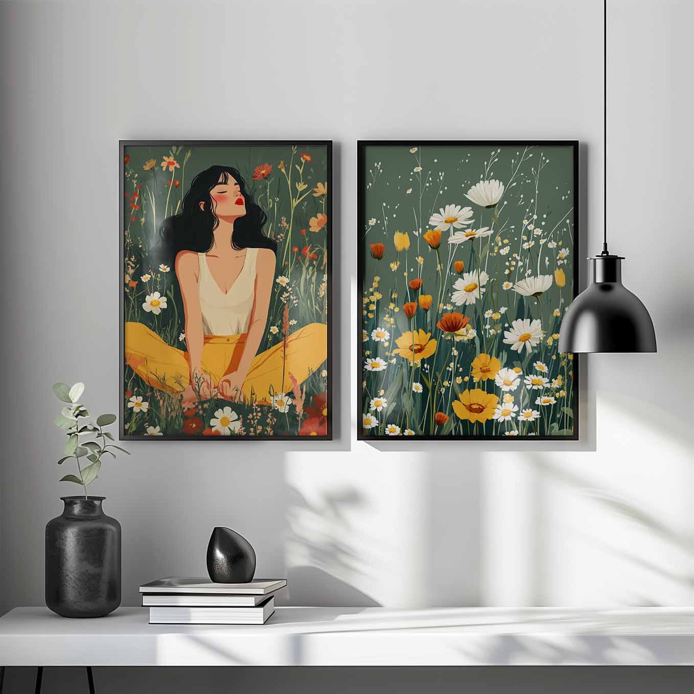 Soft Feminine Aesthetic Wall Art - Set of 2 Framed Prints | Delicate Floral & Hands Illustration in Pastel Tones
