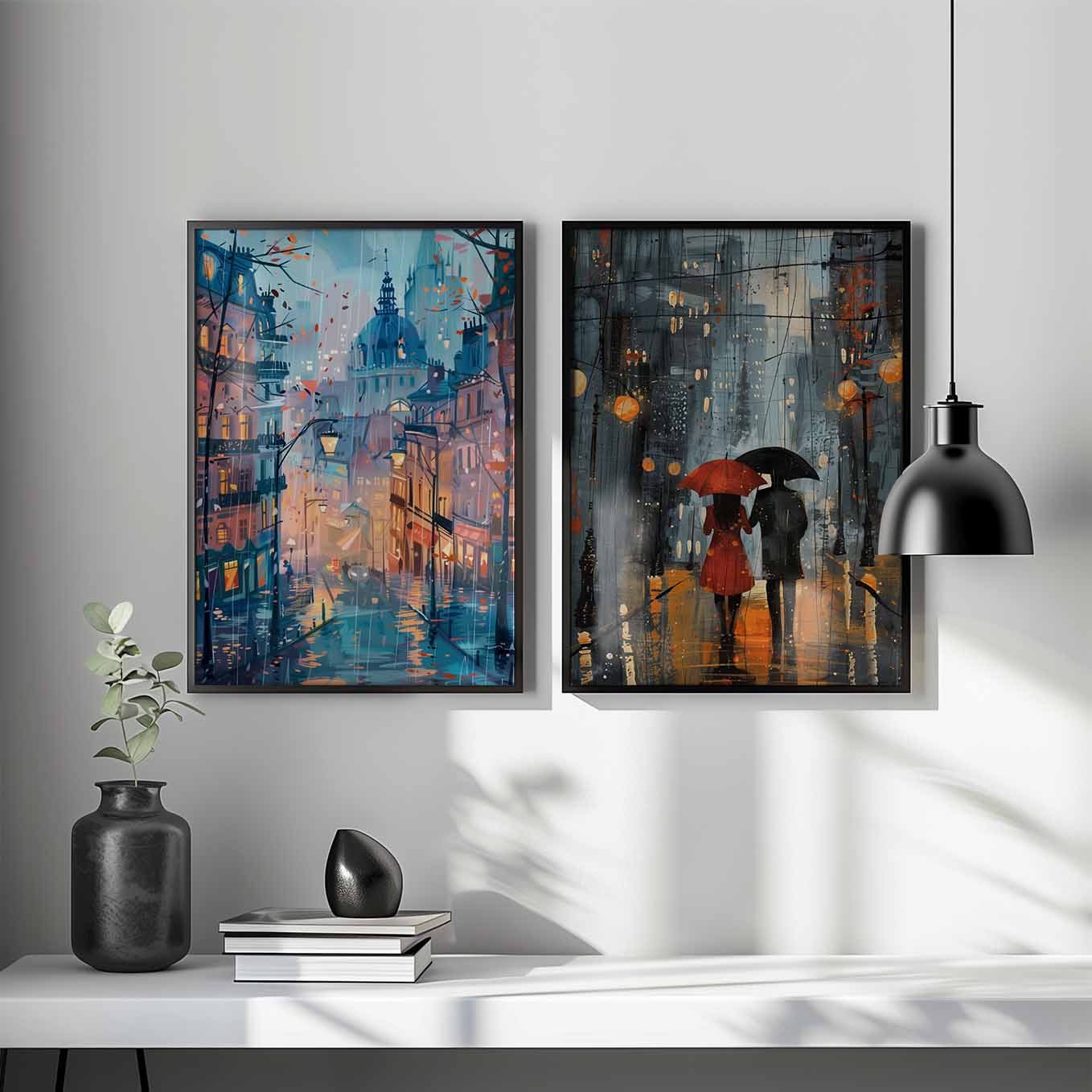 Romantic Rainy Street Art - Set of 2 Framed Cityscape Prints | Couple Under Umbrella & Paris Street Scene
