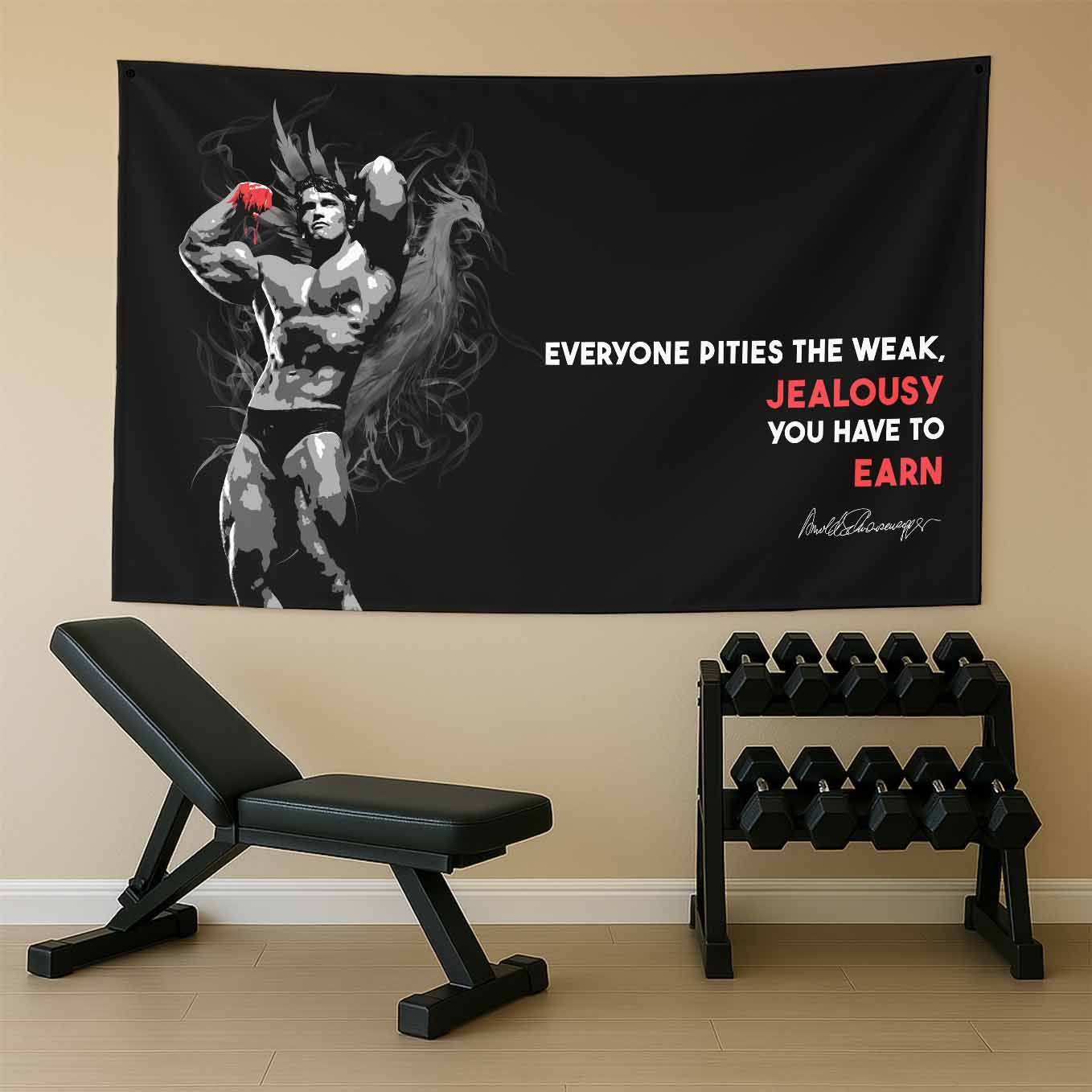 Motivational Tapestry Wall Hanging Arnold Schwarzenegger Jealousy you have to earn Inspirational Quote - Gym, Office, Dorm, Bedroom Decor, 73x43 Inches, Premium Polyester Fabric