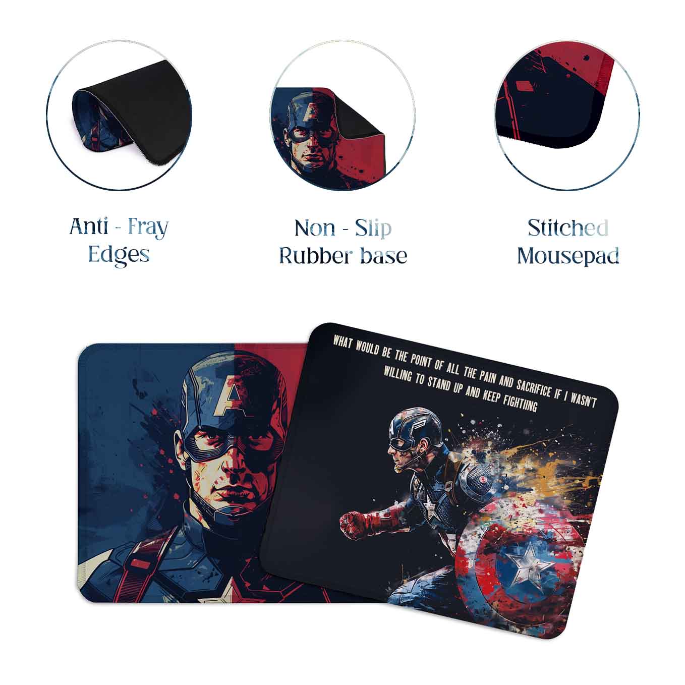 Captain America Set of 2 Stitched Gaming Mouse Pads with Anti-Slip Rubber Base and Waterproof Surface