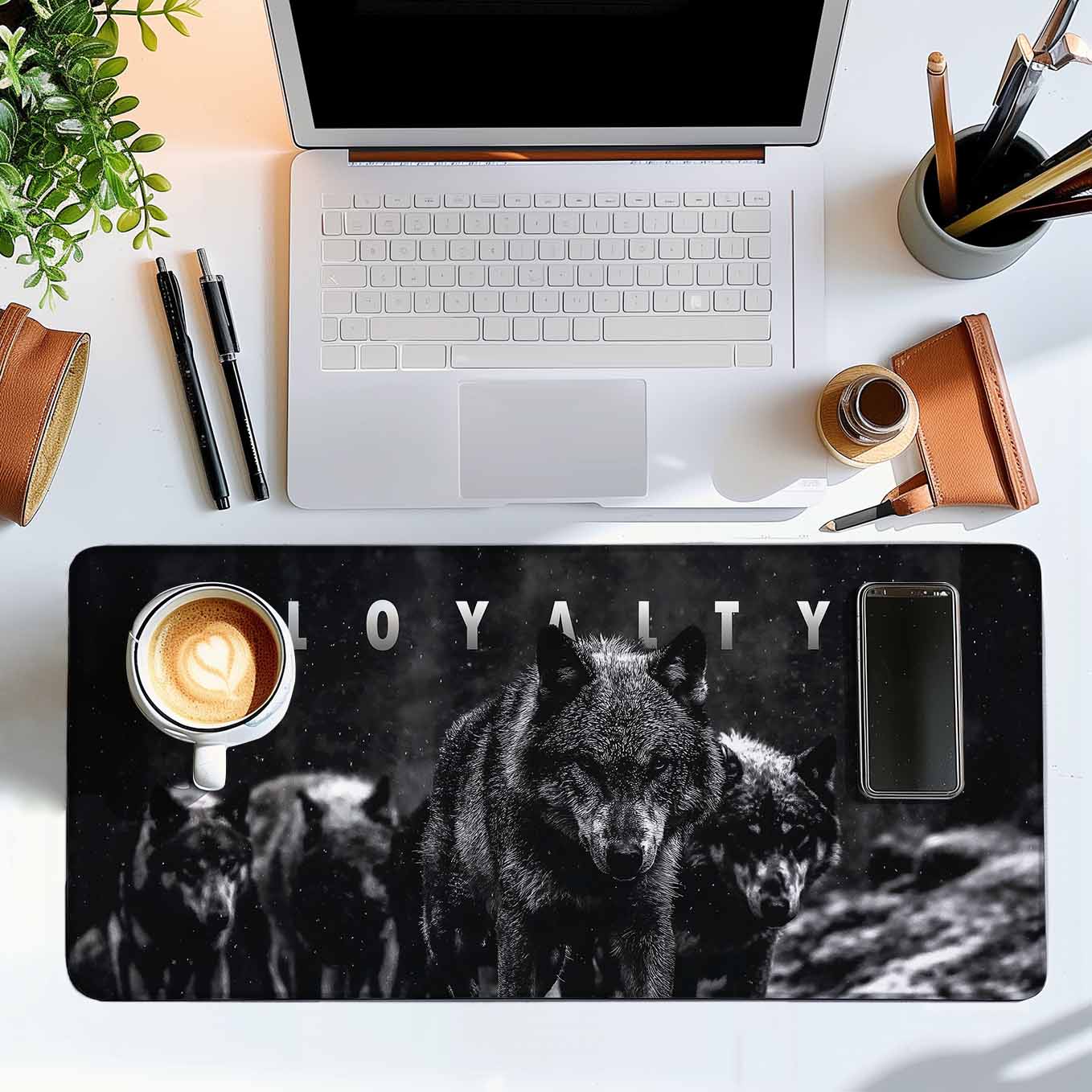 Loyalty Motivational Wolf Deskpad 23x11 Inches – Bold Black Animal Art for Office and Gaming Setup