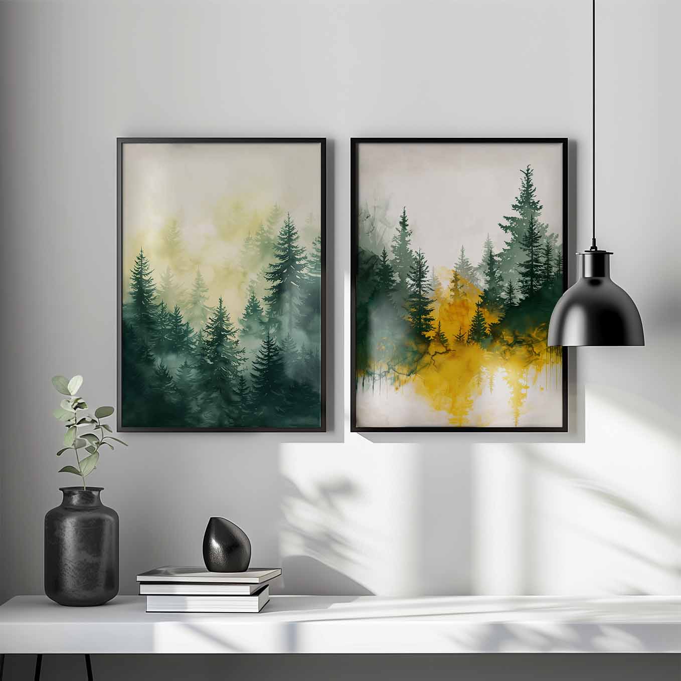 Misty Forest Watercolor Wall Art - Set of 2 Framed Prints | Tranquil Green & Golden Pine Trees | Nature-Inspired Home & Office Decor