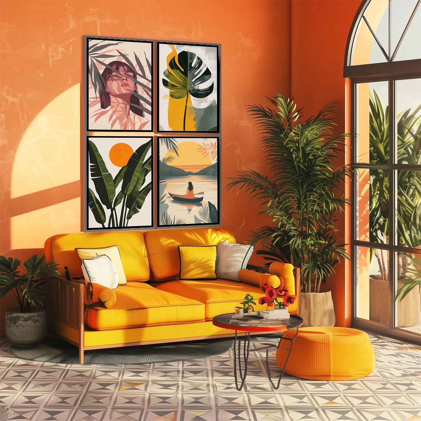 Modern Framed Set of 4 - Portrait Bohemian wall art (12x18 inches, black frame, Plexi-glass) - Ready to hang Home Decor for Living Room, Bedroom or Office