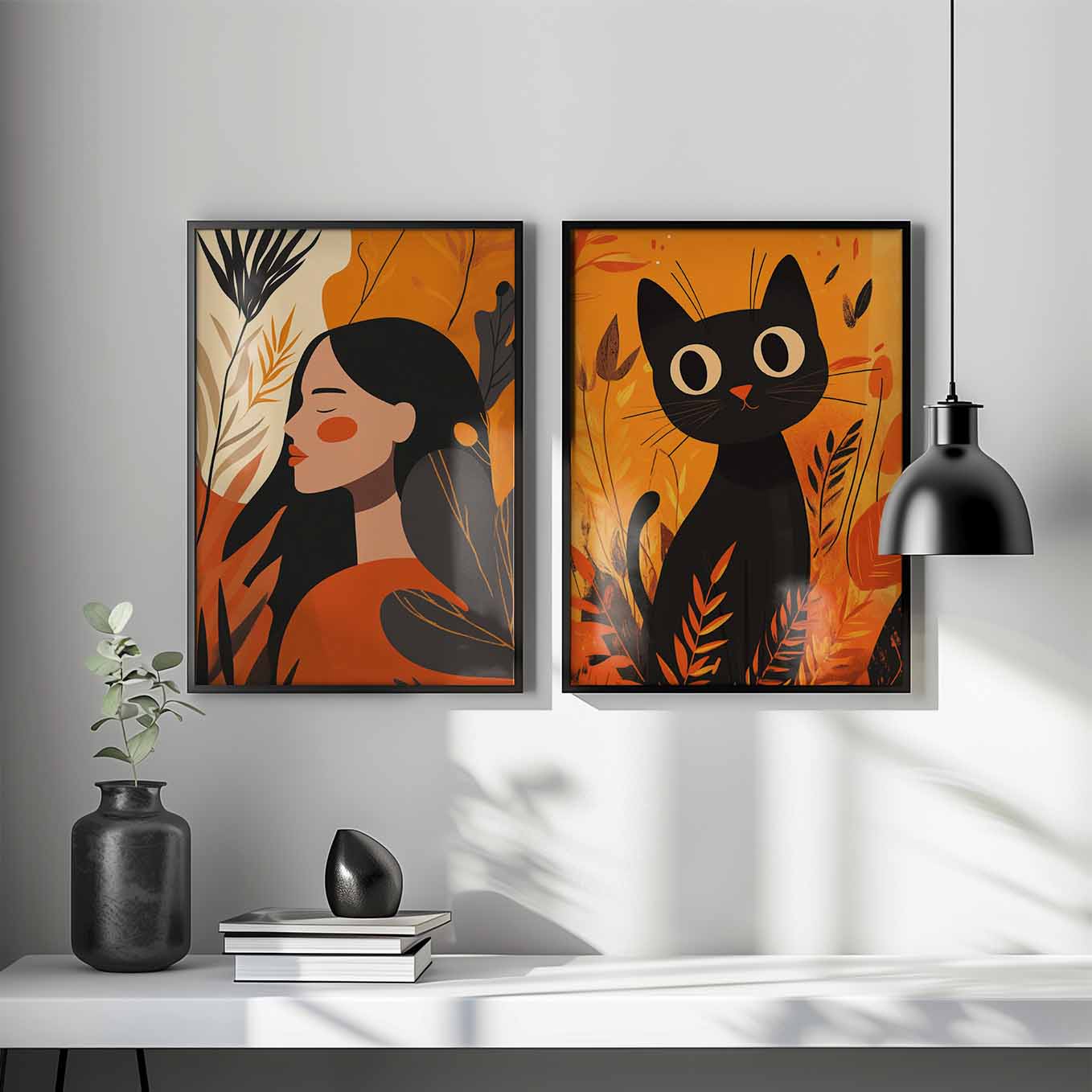 Autumn Whimsy Illustration - Woman & Black Cat Art Prints | Cozy Fall Decor for Living Room, Bedroom & Office