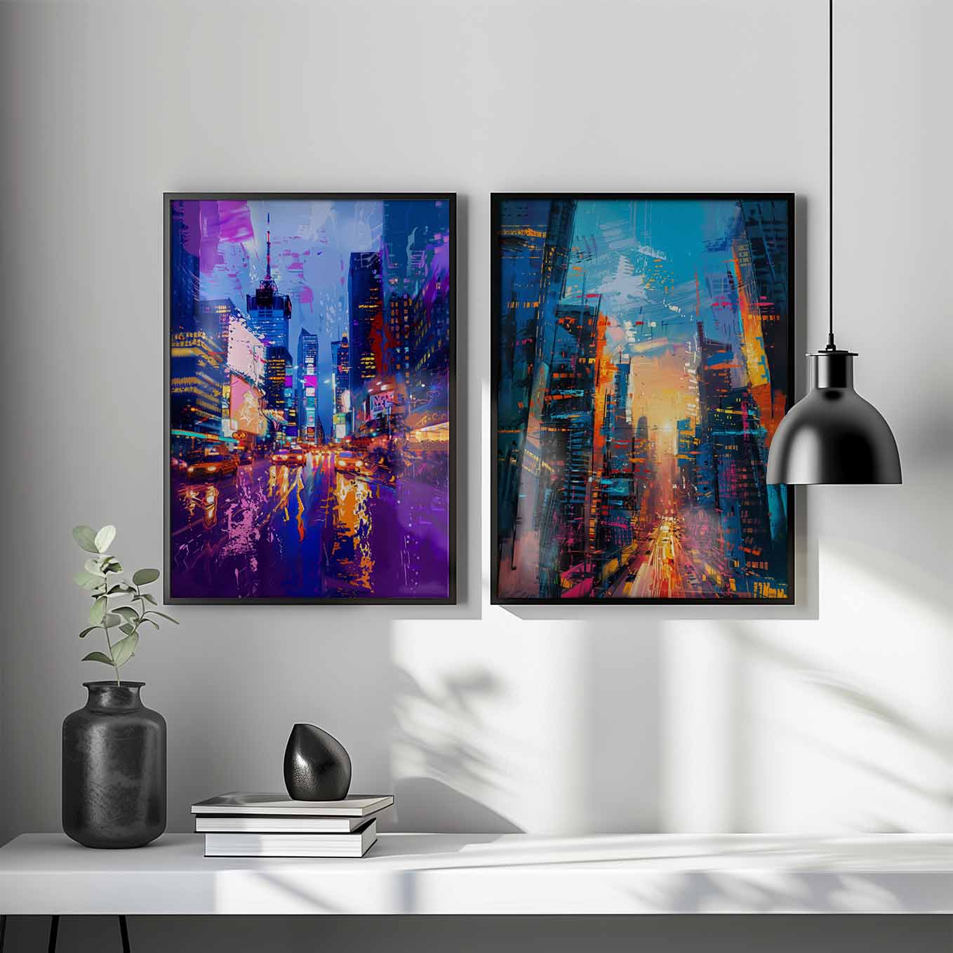Vibrant City Lights Wall Art - Set of 2 Urban Skyline Prints | Abstract Neon Nightlife Street Decor