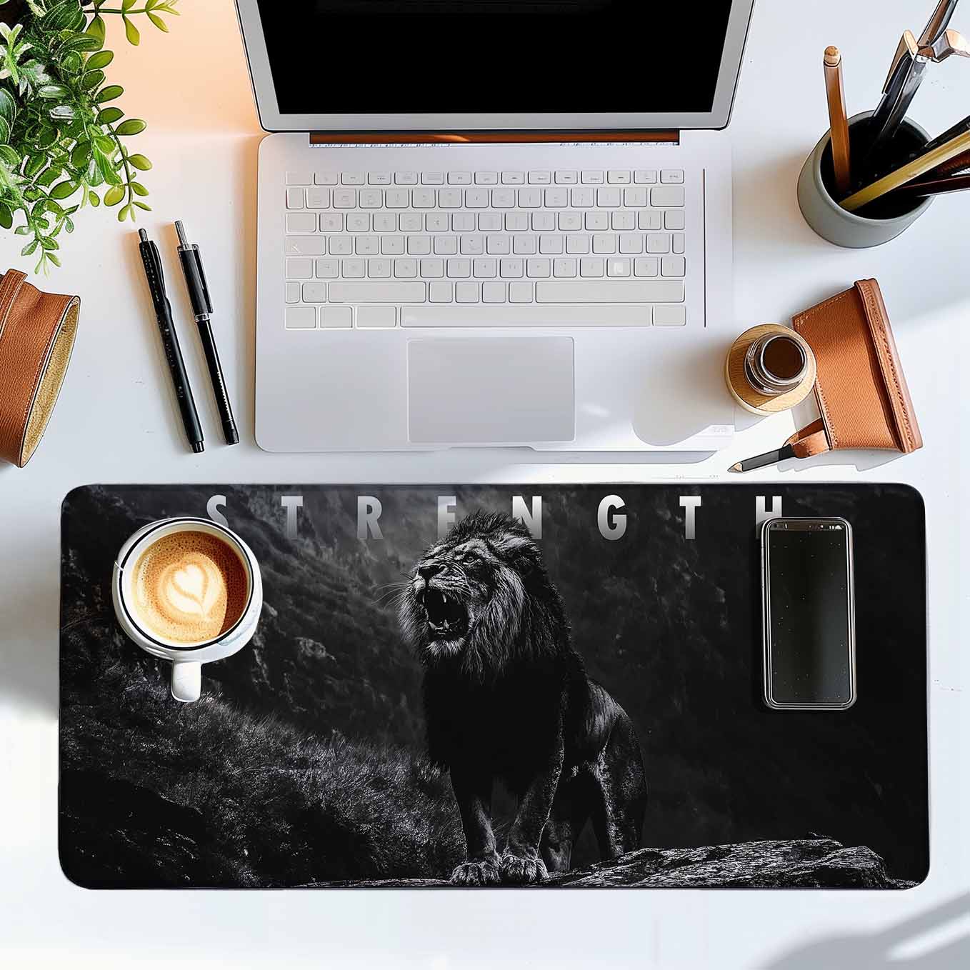 Strength Motivational Lion Deskpad 23x11 Inches – Bold Black Animal Art for Office and Gaming Setup
