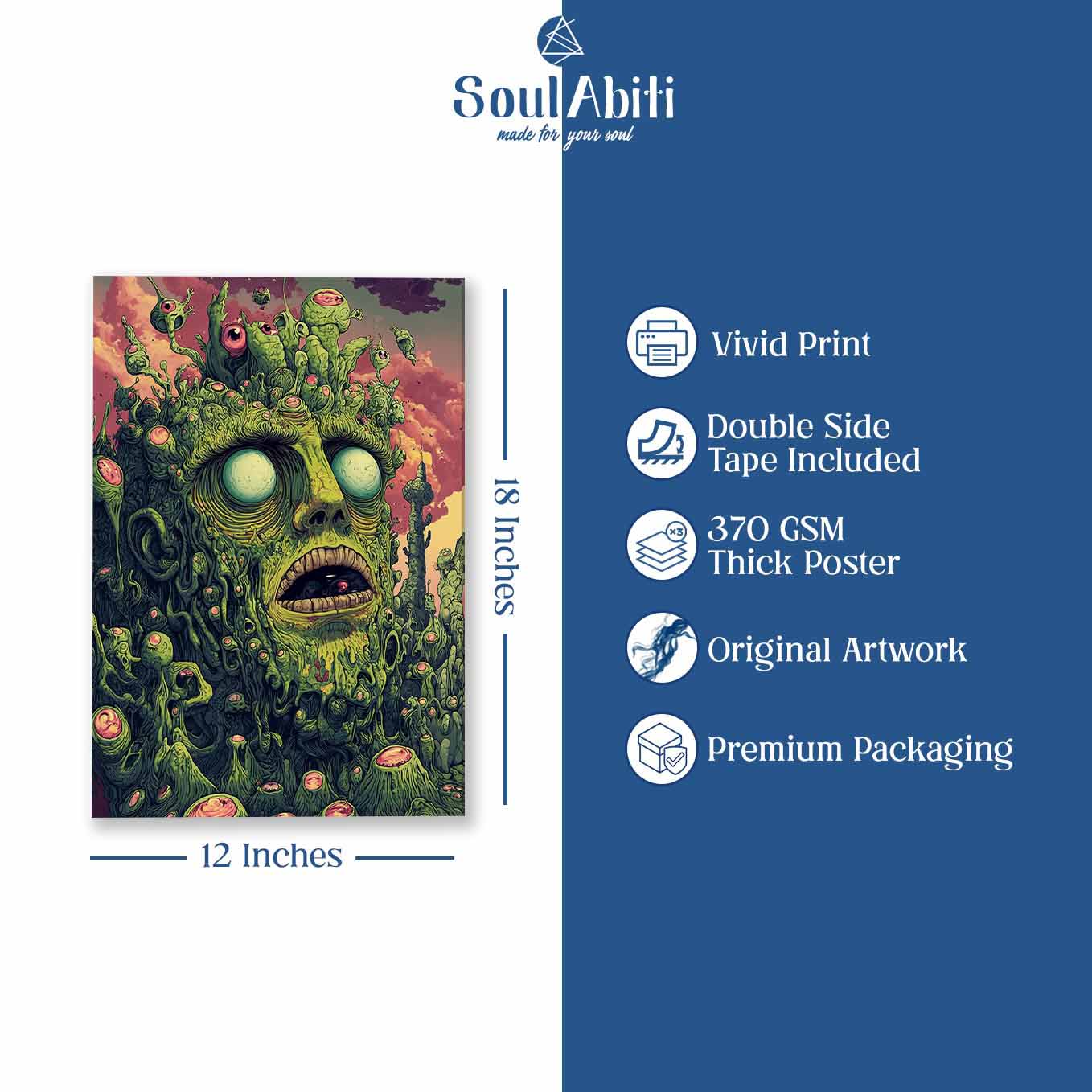 Trippy Horror Green Monster Poster Poster -Psychedelic Creepy Art 370 GSM with Double Side Tape Ready to Stick Wall Decor
