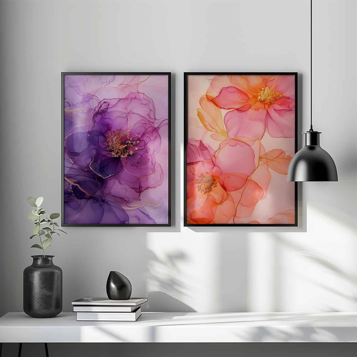 Elegant Floral Ink Art Prints - Set of 2 Framed Wall Decor | Purple & Pink Watercolor Blossoms | Contemporary Aesthetic