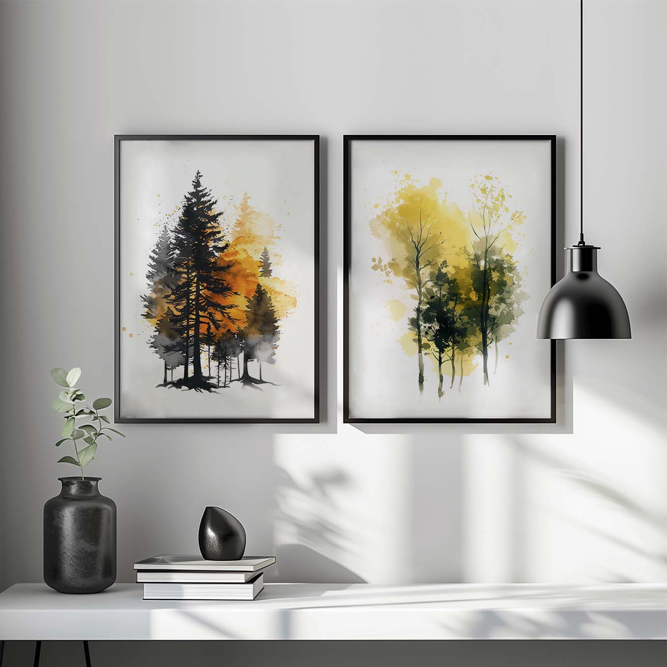 Golden Autumn Tree Art Prints - Set of 2 Framed Watercolor Paintings | Modern Minimalist Nature Wall Decor for Living Room & Bedroom