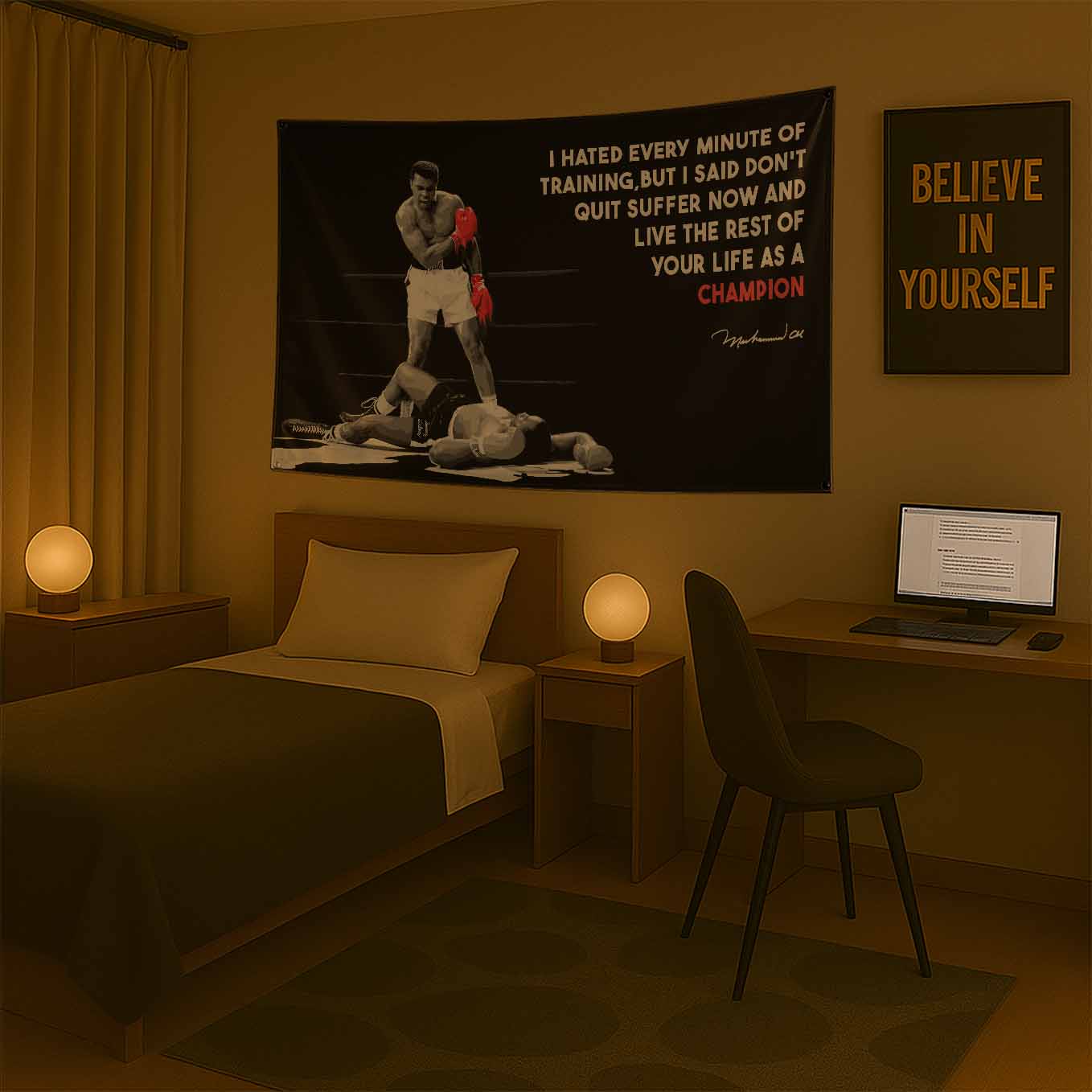 Muhammad Ali Motivational Tapestry - 73x43 Inches Inspirational Wall Hanging, Premium Polyester Fabric, Vivid Print, Machine Washable, Durable and Lightweight for Gym, Office, or Home Décor