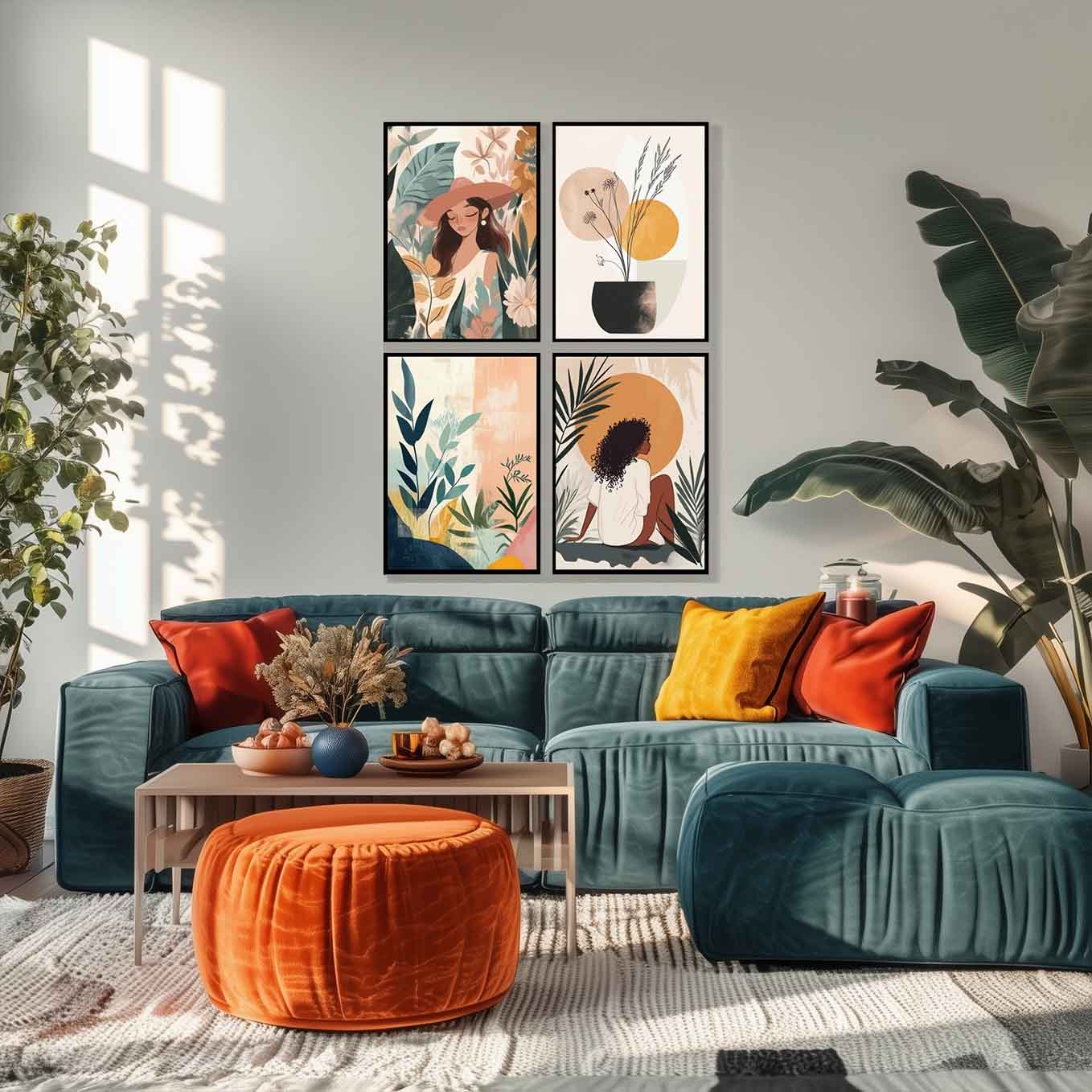 Modern Framed Set of 4 - Portrait Bohemian wall art (12x18 inches, black frame, Plexi-glass) - Ready to hang Home Decor for Living Room, Bedroom or Office