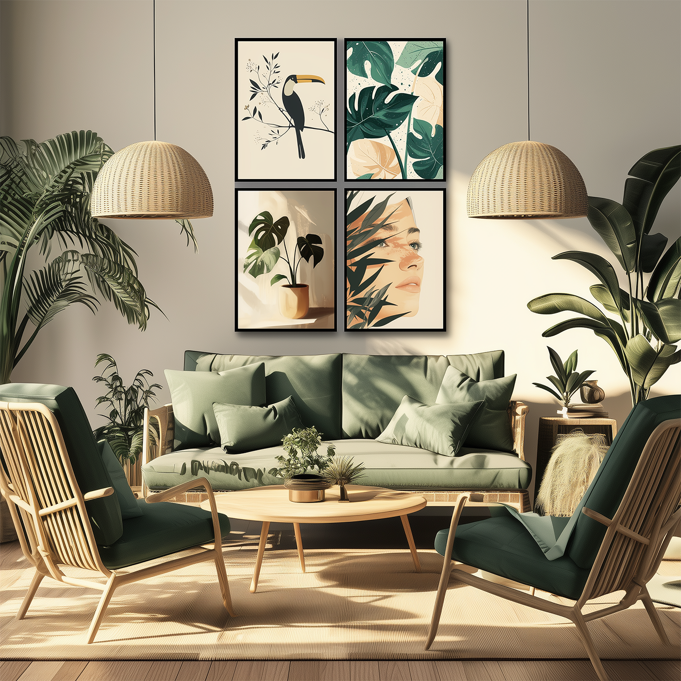 Modern Framed Set of 4 - Portrait Botanical wall art (12x18 inches, black frame, Plexi-glass) - Ready to hang Home Decor for Living Room, Bedroom or Office