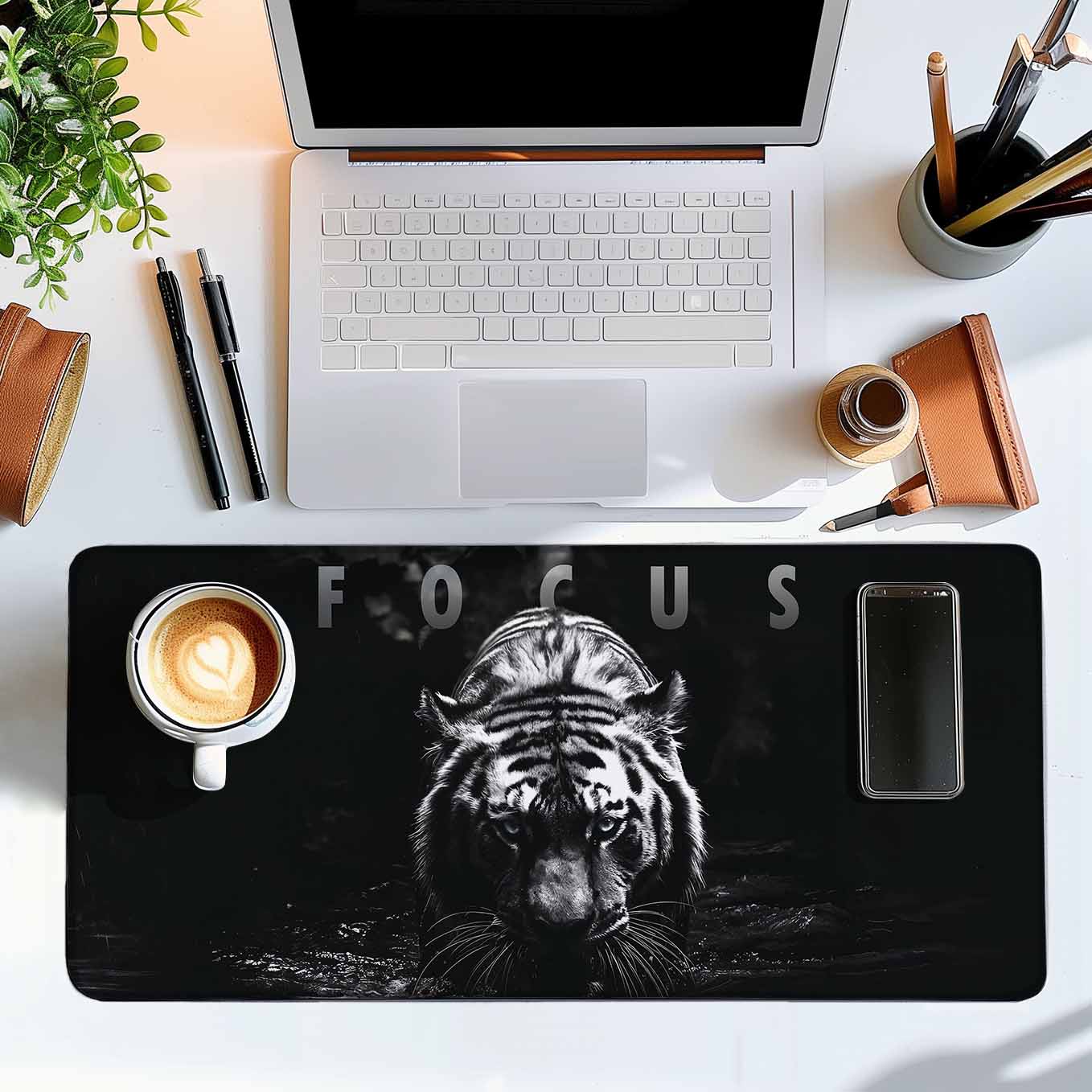 Focus Motivational Tiger Deskpad 23x11 Inches – Bold Black Animal Art for Office and Gaming Setup