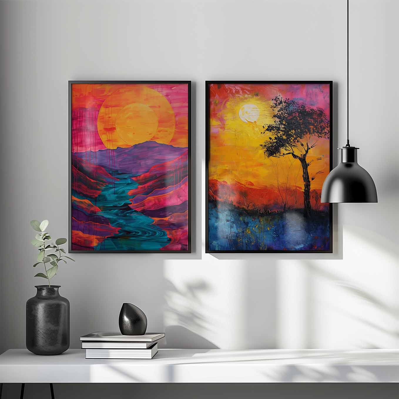 Sunset Bliss Abstract Landscape Prints - Set of 2 Framed Art | Bold & Colorful Nature-Inspired Decor