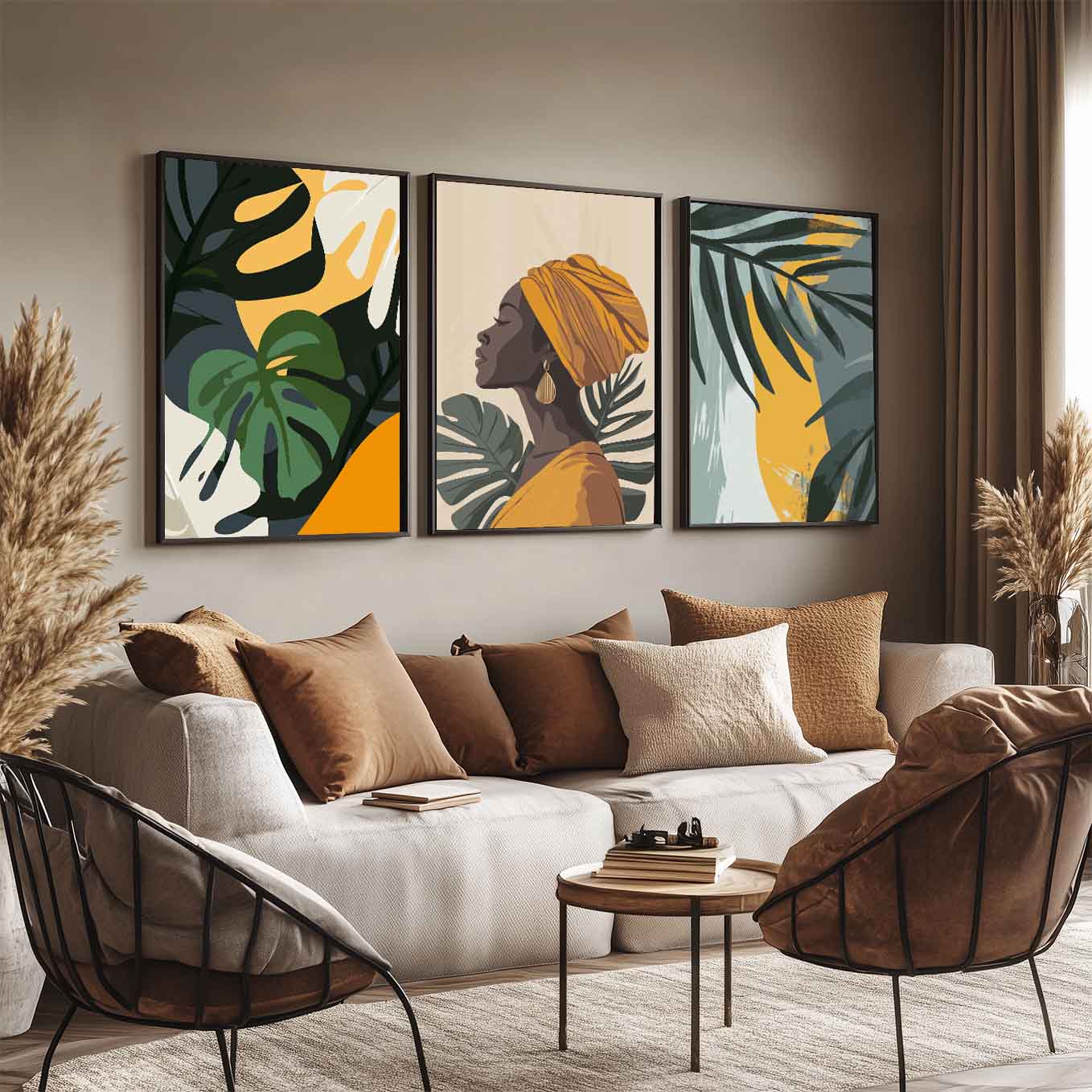 Golden Tropical Goddess Wall Art - Set of 3 Framed Prints | Elegant Afrocentric Woman & Botanical Leaves Illustration for Home Decor