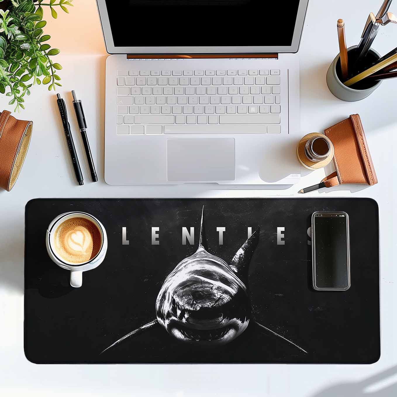 Shark Motivational Relentless Deskpad 23x11 Inches – Bold Black Animal Art for Office and Gaming Setup